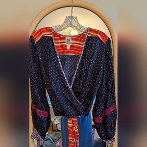 Anthropologie Tiny Navy and Red Mixed Pattern Wrap Top